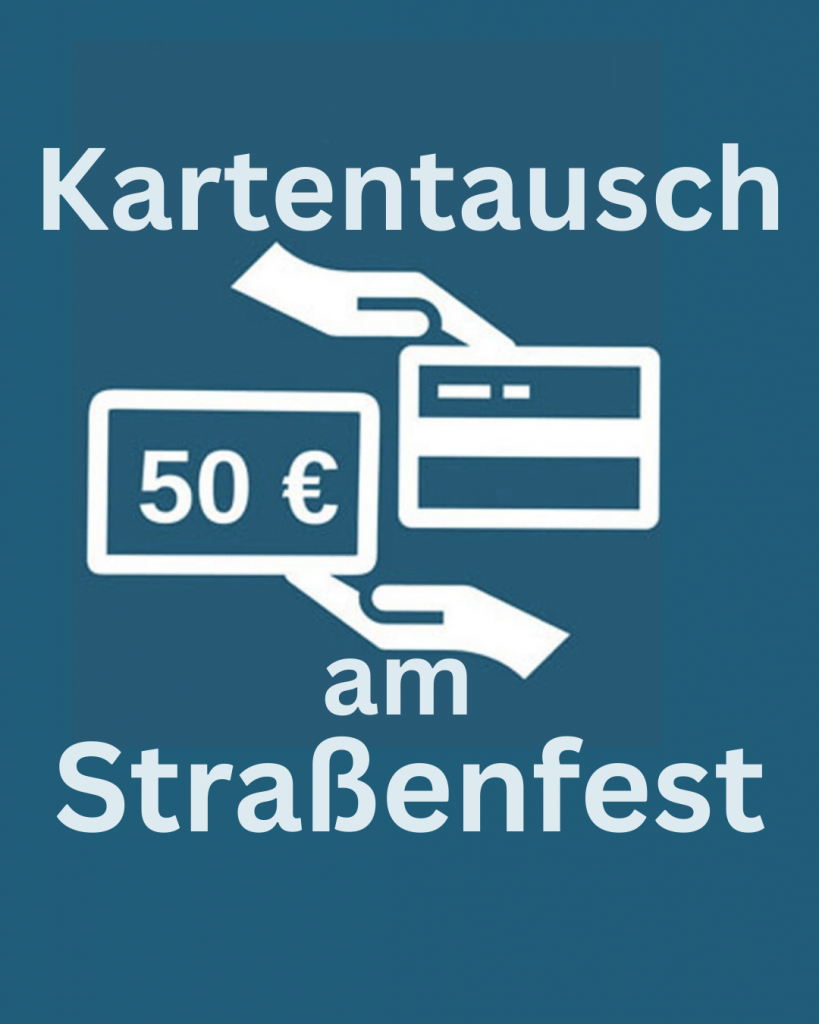 Logo Kartentausch auf blauem Hintergrund - zwei stilisierte Hände tauschen 50 Euro gegen Bezahlkarte